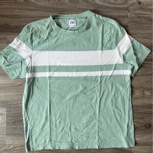 Zara Green and White Striped Men's Shirt - L